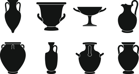 Ancient Pottery Silhouette Vector Set Featuring Amphora, Krater, Kylix, and Jug Designs © MdMahabur