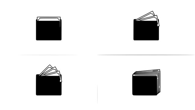 Four Black Wallets Arranged in a 2x2 Grid Each with a Different Stack of Paper Money Sticking Out Featuring Wallet, Currency