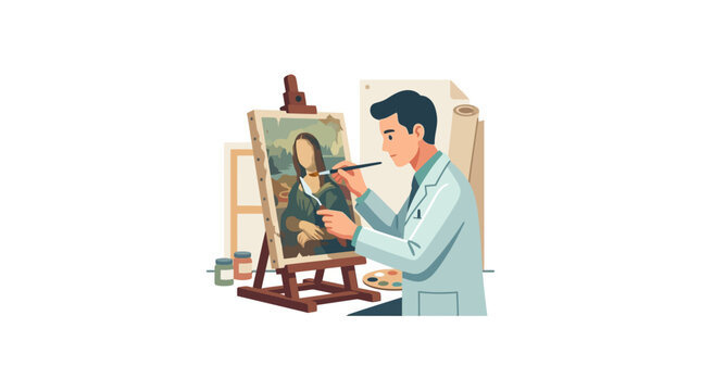 A male artist meticulously painting a reproduction of the Mona Lisa on a canvas.