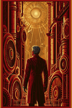 A stylized vector-art illustration of a man in a coat looking out over a grand, glowing industrial steampunk factory with complex gears.