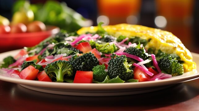 Vegetable omelette on a white plate. Healthy breakfast meal with broccoli and red onion.