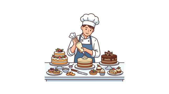 Professional Pastry Chef Decorating Cakes in a Bakery Kitchen.