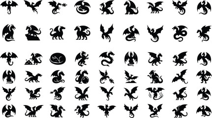 Fantasy Dragon and Mythic Beast Silhouette Icon Set with Solid Black Symbols for Medieval Wyverns, Magic Monsters, Heraldry Crests, and RPG Gaming Lore © RUBINA