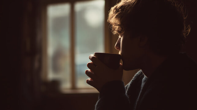 person drinking coffee alone, window light, woman drinking coffee