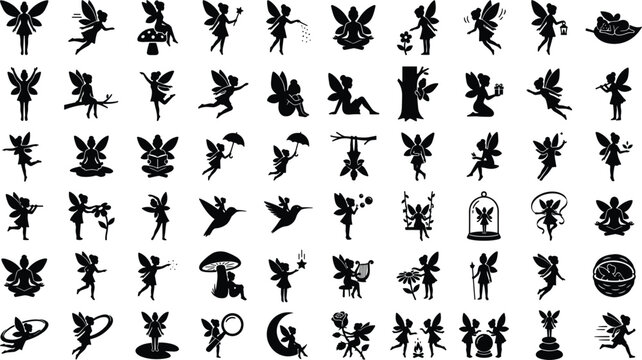 Fairy and Pixie Fantasy Silhouette Icon Set with Solid Black Symbols for Enchanted Woodland Nymphs, Magic Spells, Mythological Creatures, and Whimsical Lore