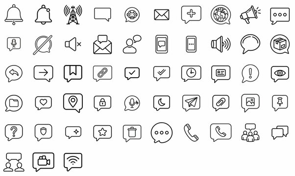 Minimalist communication line icons, set of 53 notification and chat bubble vector symbols, black outline interface elements for mobile app design