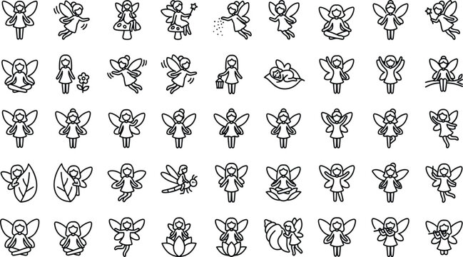 Fairy and Pixie Mythical Creature Line Icon Set with Outline Symbols for Magical Pixie Dust, Woodland Nymphs, Fantasy Storybook Characters, and Enchanted Garden Tales
