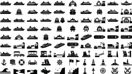 Ferry and Maritime Transport Silhouette Icon Set with Solid Black Symbols for Passenger Cruise Ships, Cargo Vessels, Harbor Terminals, and Nautical Navigation © RUBINA
