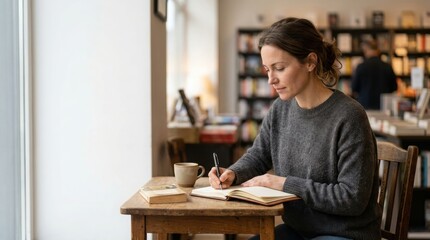 Fototapeta premium A woman sits at a wooden table in a bookstore writing in a notebook.