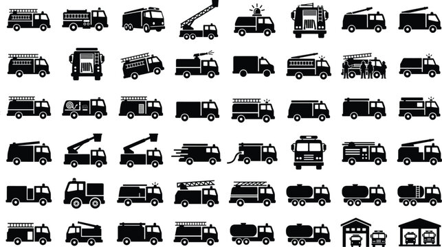 Fire Engine and Emergency Rescue Vehicle Silhouette Icon Set with Solid Black Symbols for Firetrucks, Ladder Trucks, Water Tankers, and Fire Station Garages