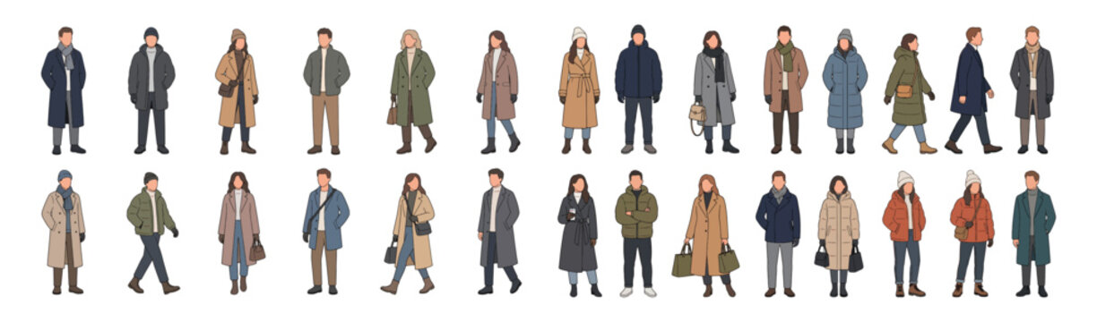 Group of People in Winter Coats Walking and Standing in Urban Street Scene, Casual Fashion Crowd