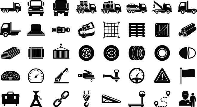 Flatbed Truck and Heavy Transport Silhouette Icon Set with Solid Black Symbols for Logistics Freight, Roadside Towing, Cargo Delivery, and Flatbed Trailer Gear