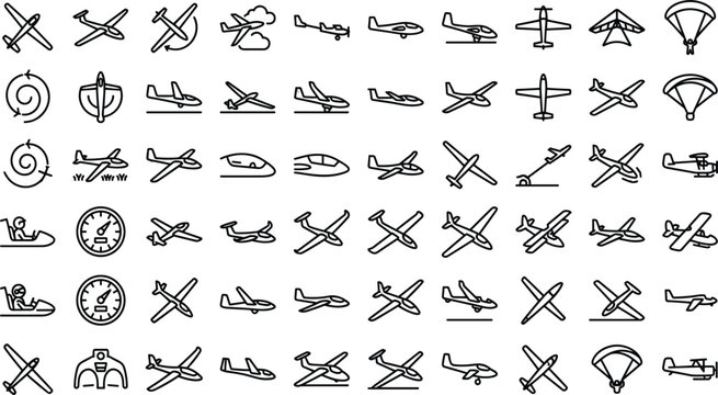 Glider and Soaring Aviation Line Icon Set with Outline Symbols for Sailplane Flight, Hang Gliding, Paragliding, Aerodynamic Sports, and Pilot Training