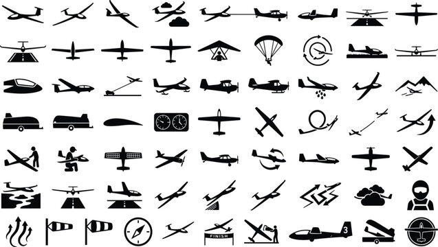 Glider and Sailplane Silhouette Icon Set with Solid Black Symbols for Non-Motorized Aviation, Hang Gliders, Paragliding, and Soaring Sports