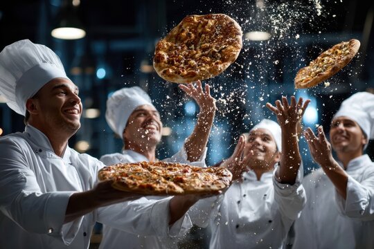 Chefs toss pizzas in the air during an energetic cooking demonstration at a lively kitchen