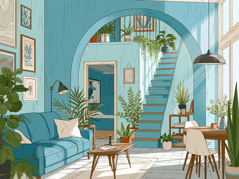 A detailed cozy line-and-wash style vector illustration of an open plan blue interior living room filled with lush houseplants and wooden stairs.
