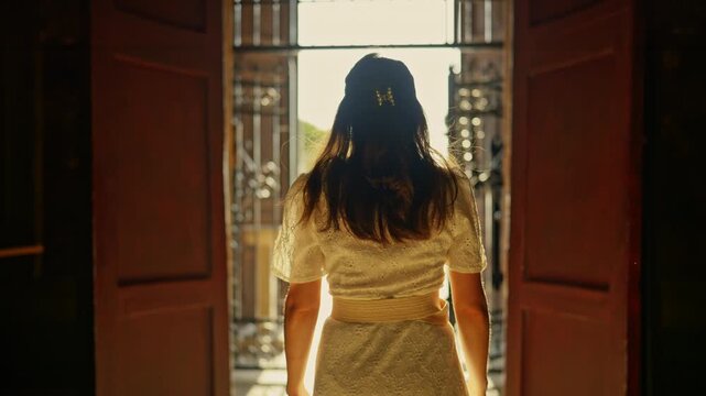 Woman Walking Toward Historic Church Interior in Rovinj Croatia 4K Video