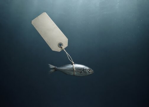 Conceptual image of a fish underwater tied to a blank price tag symbolizing overfishing, depleted fish stock, and species extinction