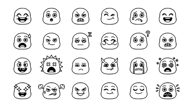 Cartoon Faces Showing Various Expressions and Emotions in a 6x4 Grid Featuring Happy, Sad, Angry with Surprised and Confused
