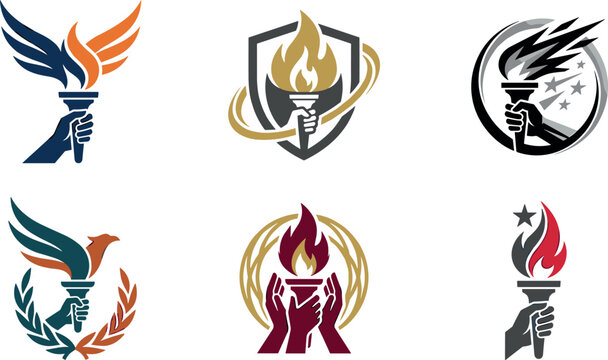 Torch flame logo badge vector set with hand holding fire phoenix wings shield laurel wreath stars and corporate leadership champion emblem graphics