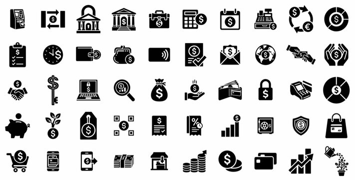 Minimalist finance icons set, 50 black solid banking and money vector symbols, professional business and investment graphics for web design