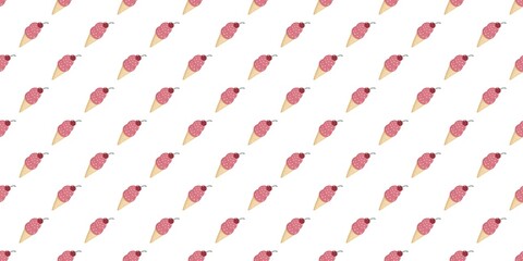 Obraz premium Seamless ice cream pattern. Cute pink ice cream cones topped with cherries on a white background. Hand drawn summer dessert.