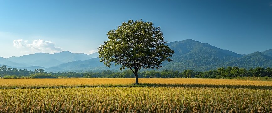 Solitary tree in golden rice paddy, mountains backdrop