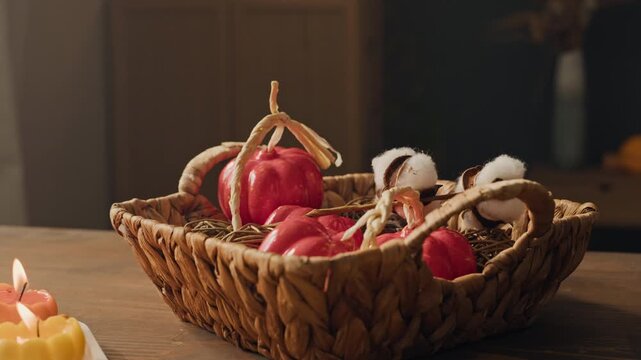 Wicker basket holding pumpkin-shaped candles and cotton flowers sitting on wooden table next to burning candles. Footage is suitable for autumn home decor and seasonal marketing campaigns