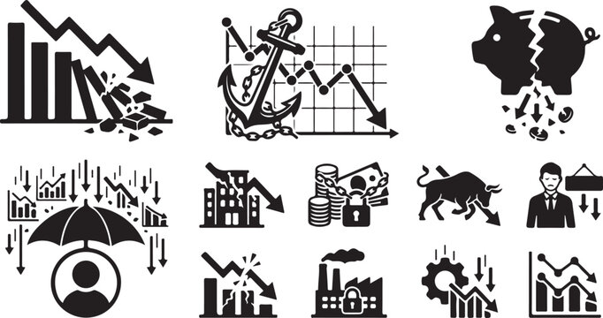 Set of black financial crisis and economic recession icons representing market crash and loss