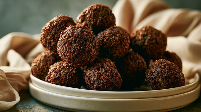 A moody, cinematic food still life featuring traditional falafel balls piled on a simple white plate, draped with a soft, neutral-toned fabric background.