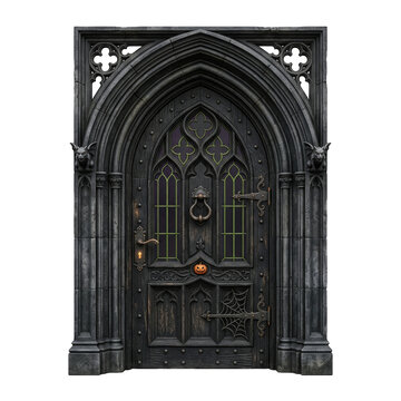 Happy halloween transparent background png image featuring an ornate gothic style dark wooden door with creepy architectural details perfect for festive holiday graphic design projects