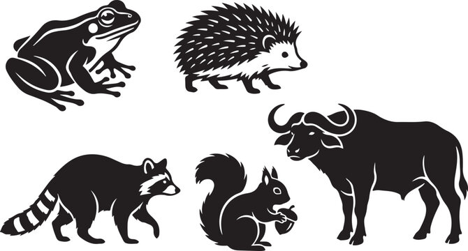 Black and white silhouette icons of a frog hedgehog raccoon squirrel and buffalo animal collection