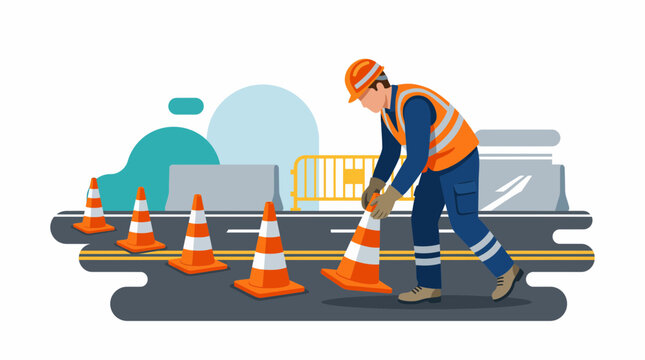 Construction Worker Placing Traffic Cones on Road Flat Illustration