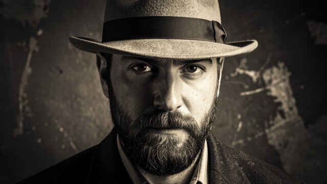 Portrait of a serious bearded man wearing a stylish fedora hat looking directly at camera with intense gaze against a textured dark moody background in black and white photography