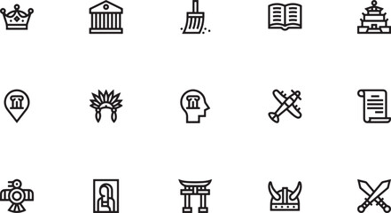 History and museum exhibition outline icon set featuring classic bank buildings ancient archaeology open educational books native headdresses and planes © jesmin_