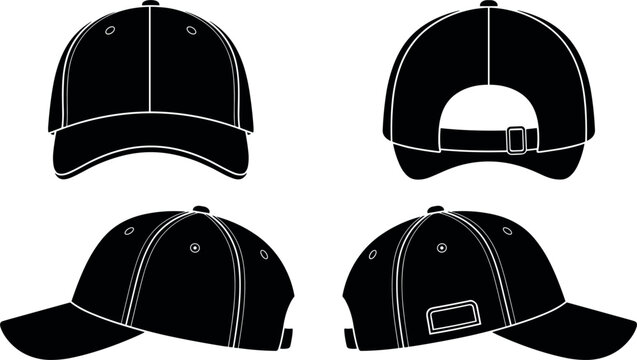 Black baseball cap template set from front back and side views blank snapback hat mockup collection for clothing apparel design vector illustration