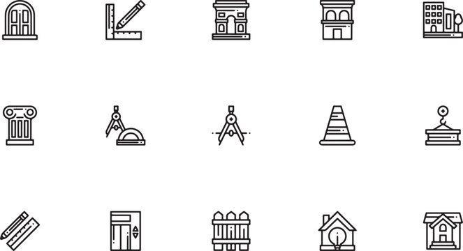 Architectural drafting and construction outline icon set featuring protractors drafting compasses rulers retail stores safety cones and classic arches