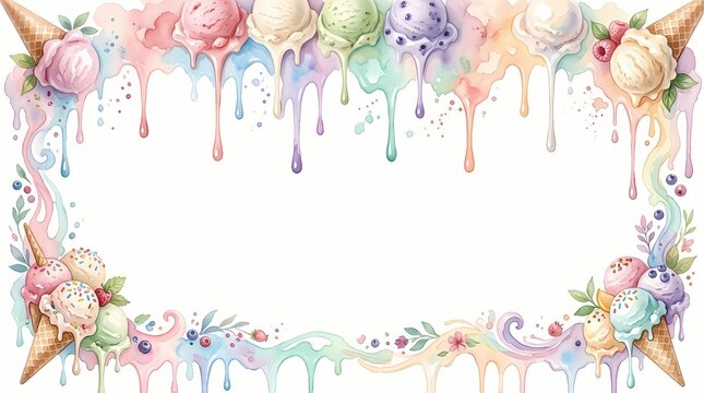 A delightful watercolor illustration featuring ice cream cones with melting scoops in soft pastel colors, creating a whimsical dripping frame on a white background, perfect for sweet designs.