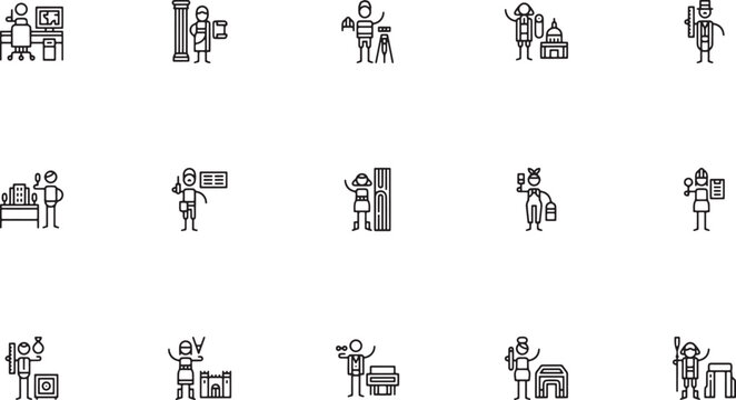 Land surveying and historical construction outline icon set featuring ancient stone columns surveyors with tripods construction workers and bricklayers vector