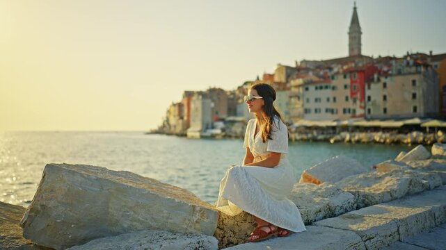 Woman Enjoying Golden Sunset in Rovinj Croatia on Adriatic Coast 4K Video