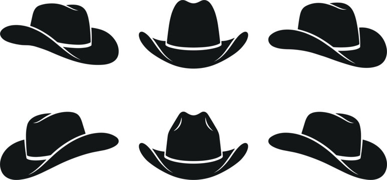 Cowboy hat silhouette set from different angles western stetson headwear icon collection for country rodeo farm ranch fashion design vector illustration