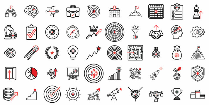 Business strategy icons set, 50 professional line icons for corporate growth and marketing success, red and black thin line vector symbols for planning
