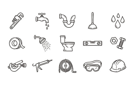 Plumbing icon set featuring pipe wrench water tap pipes plunger drops tape shower toilet spirit level bolt and nut cutter caulking gun drain snake goggles and helmet