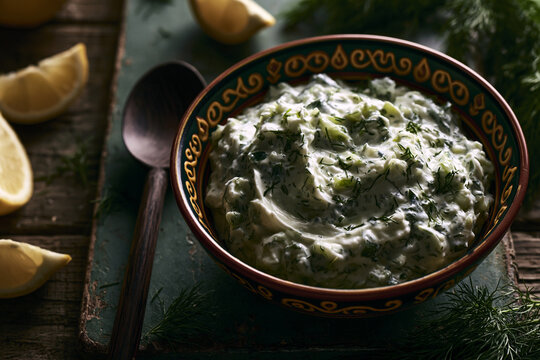 A moody close-up overhead shot of a decorative bowl filled with fresh tzatziki, garnished with dill, served with lemon wedges on a rustic wooden surface.