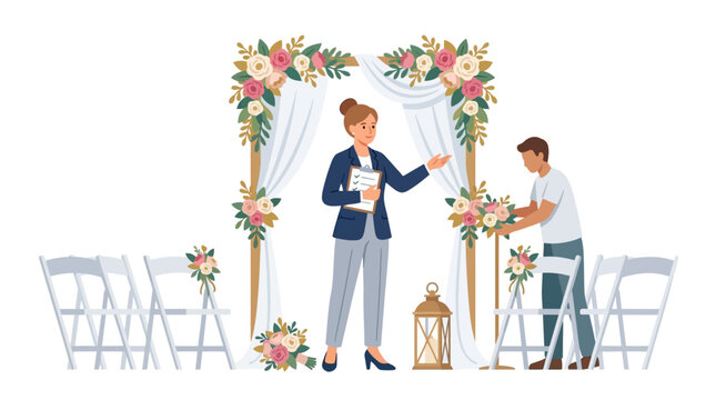 Professional wedding planner and decorator arranging floral arch for outdoor ceremony.