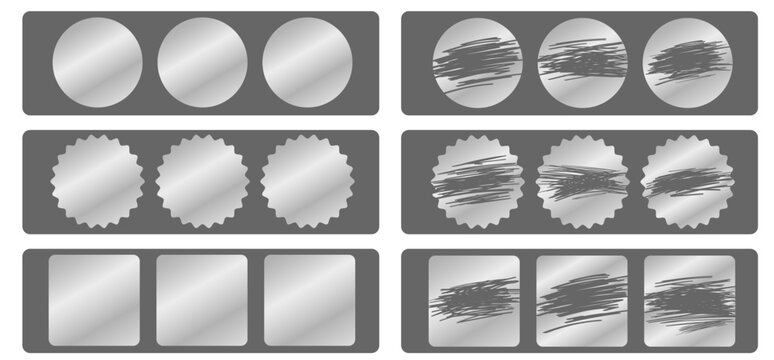 Scratch off brush with card effect win and reveal lottery coin. Paint lotto silver with paper ticket scrape and coupon texture sticker