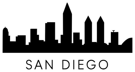 Fototapeta premium San Diego Skyline black silhouette vector illustration, simple flat clipart design isolated on white background