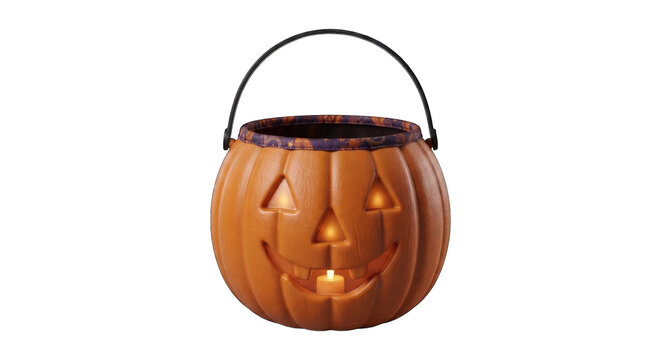 A festive happy halloween transparent background png image featuring a classic orange jack o lantern candy bucket with a glowing light for trick or treat
