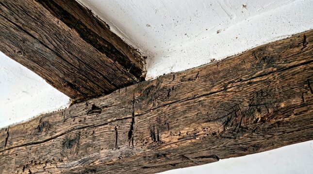 Weathered Wooden Beams Against Whitewashed Ceiling in Rustic Interior Setting
