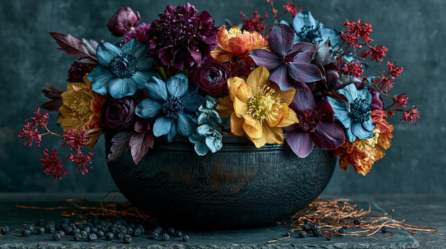 A stylized photograph of the entire floral arrangement in a dark wooden bowl, featuring deep red, purple, and gold flowers on a slate surface.